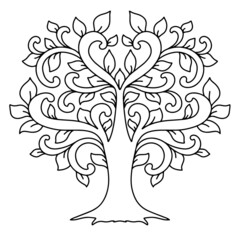 Coloring book page with flowering tree in doodle style. Hand drawn sketch, black and white.  Zentangle pattern printing on product. Vector illustration The best for your design, textiles, posters