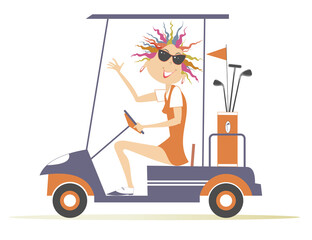 Young golfer woman ride on the golf cart car illustration.
Smiling pretty young woman in sunglasses is going to play golf in the golf cart car isolated on white
