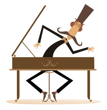 Cartoon long mustache pianist illustration. 
Long mustache pianist or composer in the top hat plays music on piano isolated on white 
