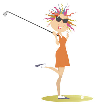 Young golfer woman on the golf course illustration. Cartoon smiling golfer woman in sunglasses holds a golf club isolated on white