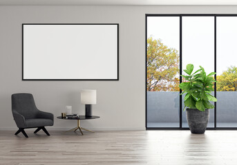 Illustration 3D rendering large luxury modern bright interiors Living room with frames mockup...