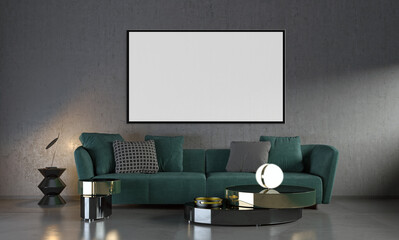 Illustration 3D rendering large luxury modern bright interiors Living room with frames mockup computer digitally generated image