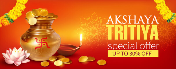 Promotion banner with gold pot (kalash), coins and diya (oil lamp) for Indian festival Akshya Tritiya. Vector illustration.