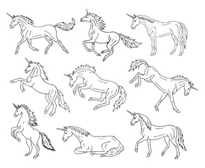 Vector set bundle of different hand drawn doodle sketch unicorn isolated on white background