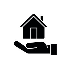 Hand with house glyph icon. Real estate. Black silhouette symbol. Vector isolated illustration