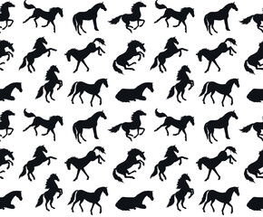 Vector seamless pattern of different hand drawn horse silhouette isolated on white background