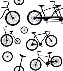 Vector seamless pattern of flat bicycle silhouette isolated on white background