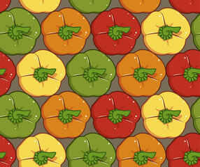 Endless seamless pattern of fresh bell pepper. Vector paprika. Multicolored sweet pepper.