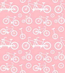 Vector seamless pattern of white flat bicycle silhouette isolated on pink background