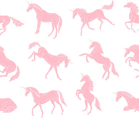Vector seamless pattern of pink hand drawn doodle sketch unicorn isolated on white background