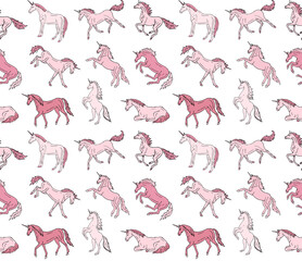 Vector seamless pattern of different hand drawn doodle sketch unicorn isolated on white background