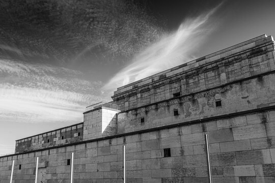NUREMBERG, GERMANY, 28 JULY 2020 Remains of the Zeppelinfeld grandstand in Nuremberg, Germany. It is the grandstand from which Adolf Hitler made speeches during Nazi Party Rallies from 1933-38.