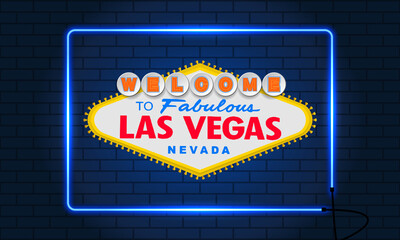 Classic retro Welcome to Las Vegas sign. Neon squared frame. Brick wall background. Simple modern flat vector style illustration.