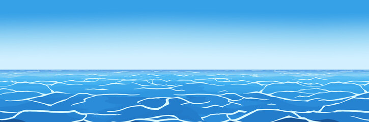 Summer landscape background with sea or ocean water, sun reflections, small waves, horizon and clear blue sky on sunny day. Summertime, vacation, holidays and relax concept banner.