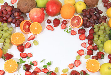 Fresh fruits and berries on a bright sunny table, the concept of natural and healthy food, a source of vitamins and antioxidants, ingredients for a healthy breakfast, detox diet and weight loss,
