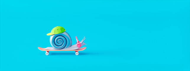 Colorful modern snail rides a skateboard 3d render 3d illustration © brankospejs