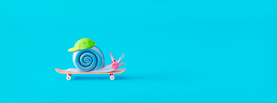 Colorful modern snail rides a skateboard 3d render 3d illustration