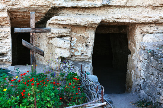 Monastery built in cave . Famous cave monastery in village Tipova from Moldova . House of the monk