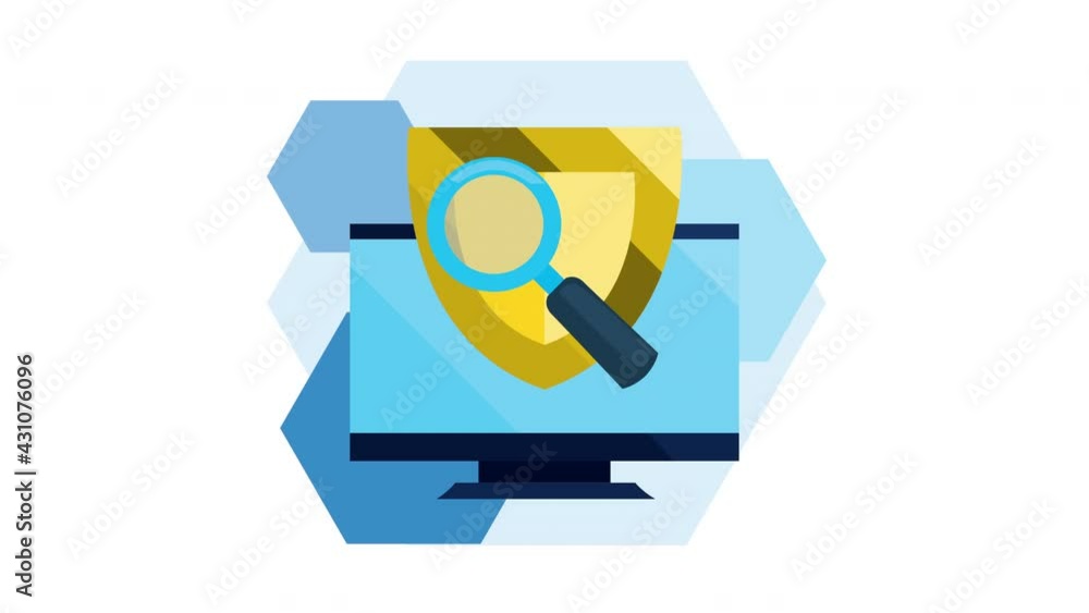 Poster security data animation with golden shield in desktop and magnifying glass