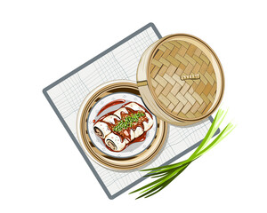 Isolated steamed spring roll in the bamboo basket steamer with lid on white background. Food container vector illustration. 