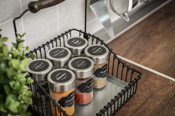 Glass jars with different spices