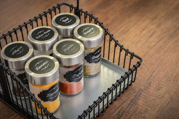 Glass jars with different spices