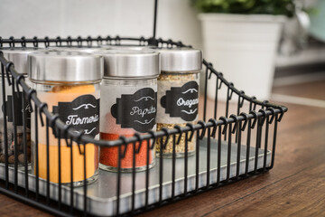 Glass jars with different spices