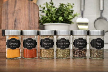 Glass jars with different spices