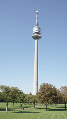 Fototapeta premium Urban Cityscape on Donauinsel Island with Skyscraper and TV tower at Vienna, Austria.