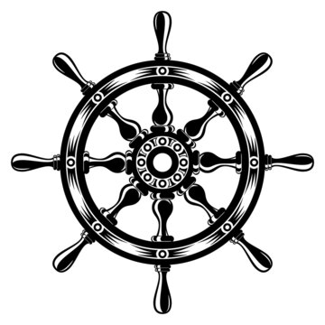 The steering wheel of the ship is stylish, a symbol of navigation, travel, adventure and new horizons on a white background in monochrome