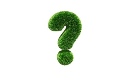 Question mark grass font isolated on white background. Concept of grassed question symbol. Metaphor for nature, conservation, organic, growth, environment, ecology. 3D rendering