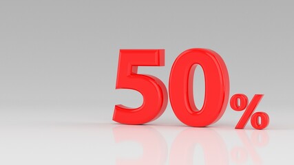 50 percent red isolated on white grey background. 50% off discount promotion sale. Sales concept. Special Offer. 3D Digits Banner, Design Template Icon. Selling poster, banner ads. 3d illustration