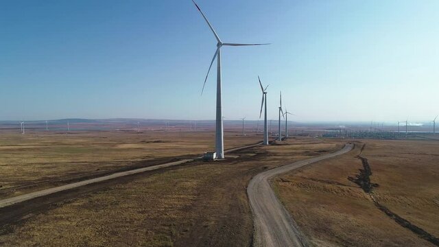 Flight over the field of wind farms