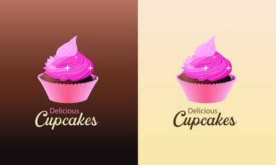 cupcake vector illustration with shining stars on different gradient backgrounds. cupcake clip art colorful icon. flat modern luxury professional logo design for business