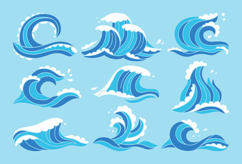 Fototapeta na wymiar Sea waves blue set. Ocean water wave hand drawn aqua design element. Sketch marine symbol, surfing linear decoration. Curly waves and spirals, foam on crest splash and drop cartoon vector illustration