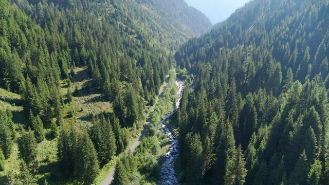 Aerial of passo delle erbe in italy, beautiful landscape during summer in the dolomites. River flowing trough forest seen from above