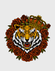 illustration vector tiger king with rose flower