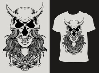 illustration vector skull girl with t shirt design