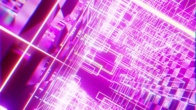 Abstract Cyber Cubic Style Glow Neon is motion footage for retro art films and cinematic in cyberpunk 80s scene. Also good background for scene and titles, logos.