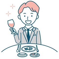 赤ワインで乾杯し食事をするスーツ姿の成人男性イラスト素材