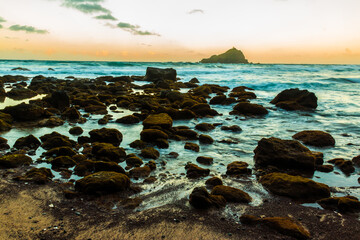 Sunset on Koki Beach With Alau Island in The Distance, Koki Beach Park, Hana, Maui, Hawaii, USA