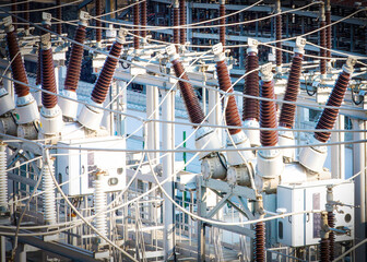 high voltage power transformer substation. Close up