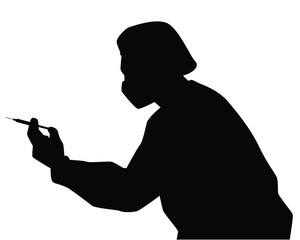 A doctor in PPE suit with vaccine injection needle silhouette on white background, person medical and healthy concept.