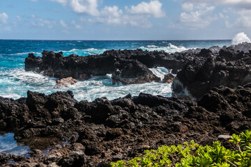 Waves Crash Against Rugged Lava Coastline Near Kauiau Point, Waianapanapa State Park, Maui, Hawaii, USA