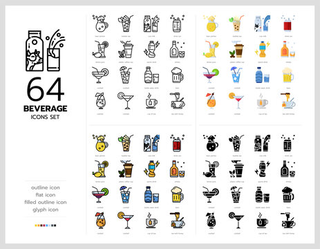 64 beverage icons set vector design in filled, thin line, outline and flat style.