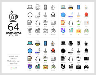 64 workspace icons set vector design in filled, thin line, outline and flat style.