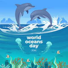 World oceans day 8 June. Save our ocean. Dolphin and fish were swimming underwater with beautiful coral and seaweed background vector illustration. 