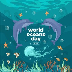 World oceans day 8 June. Save our ocean. Dolphin and fish were swimming underwater with beautiful coral and seaweed background vector illustration. 