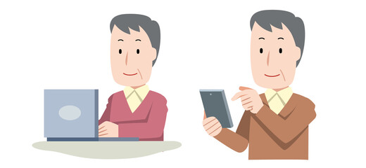 年配男性がインターネットとスマホをするイラスト素材
