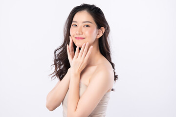 Fototapeta premium Beautiful young asian woman with clean fresh skin on white background, Face care, Facial treatment, Cosmetology, beauty and spa, Asian women portrait